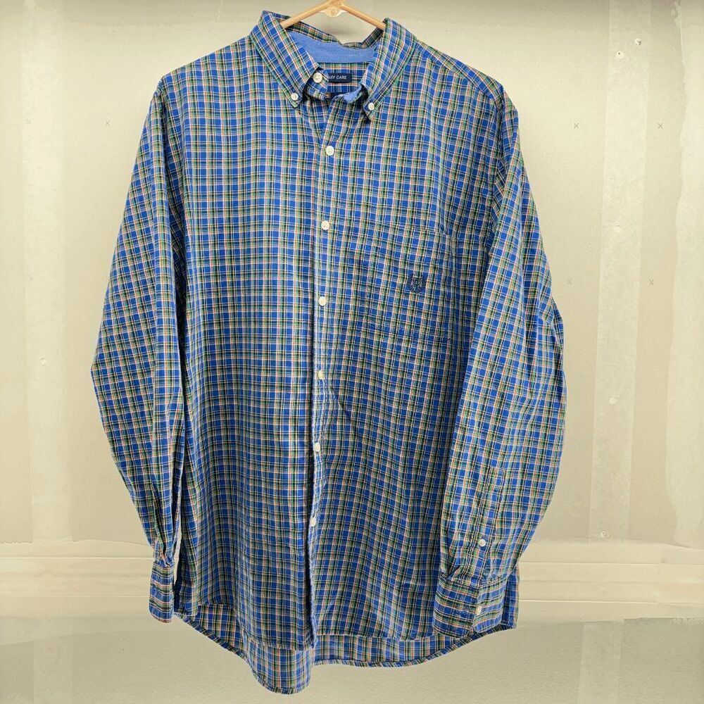 Chaps Long Sleeve Shirt Mens‎ Large Poplin Cotton Blue Green Plaid Button Down